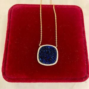 925 Sterling Elegant Blue Druzy and Rose Gold Tone Crystal Halo Pendant Necklace